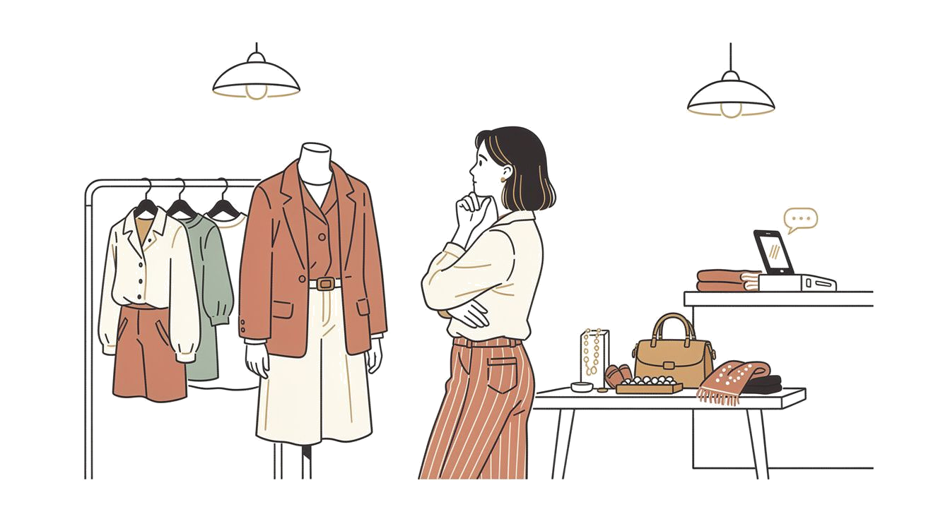 Boutique owner styling a display, stepping back to assess the look