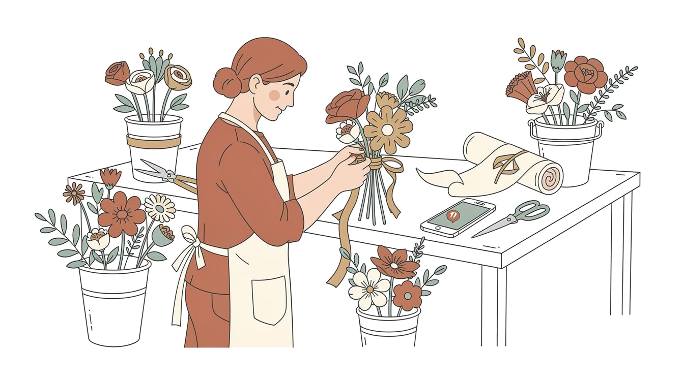 Florist arranging a bouquet at their workbench, surrounded by flowers
