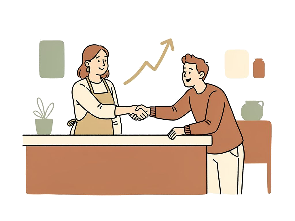 Business owner and partner shaking hands across a counter with an upward trend