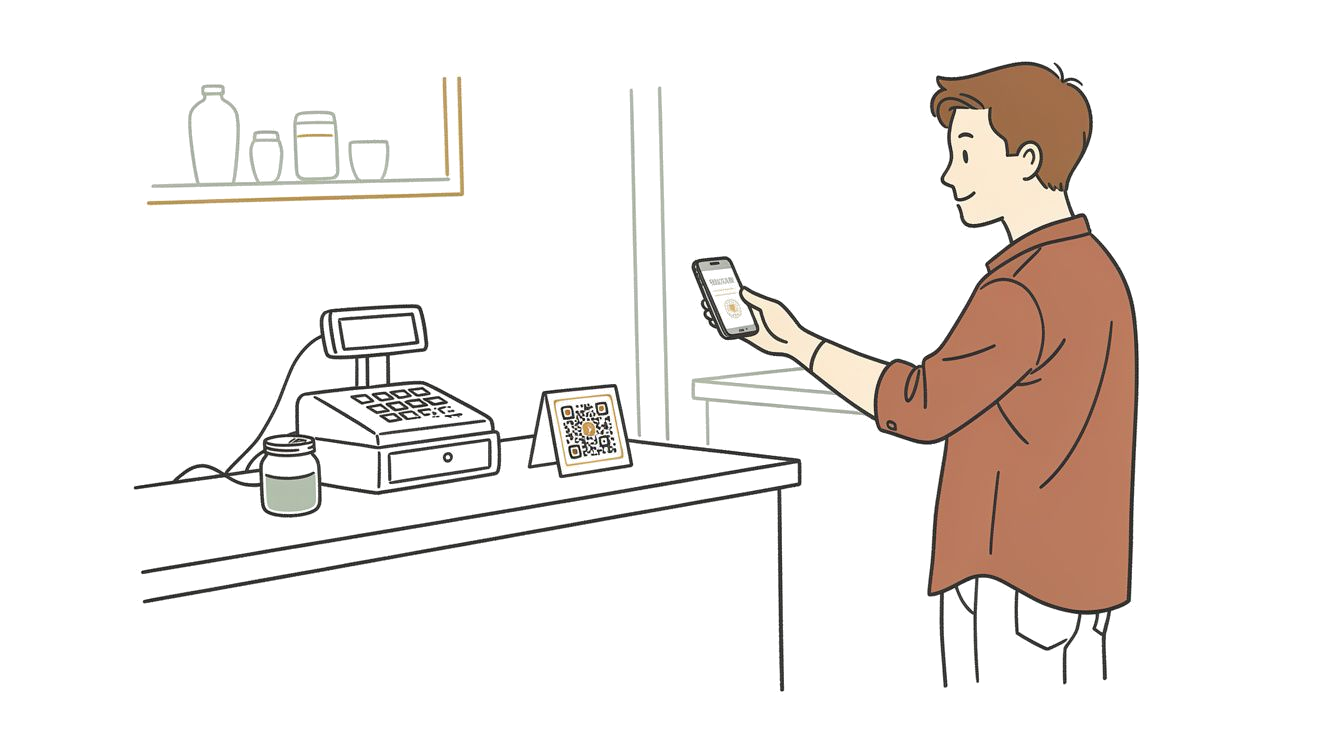 Customer at a counter scanning a QR code with their phone